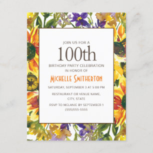 Invitation Fête d'anniversaire des 100 ans de tournesols jaun