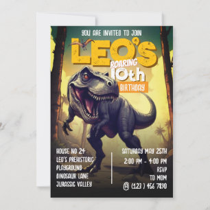 Invitation Fête d'anniversaire des 10 ans avec un T Rex Dinos