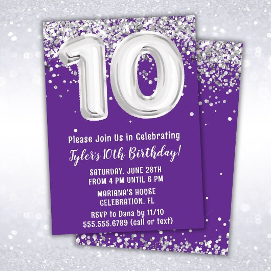 Invitation Fête d'anniversaire des 10 ans Purple Silver