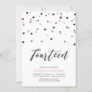 Invitation Fête d'anniversaire des 14 ans d'une fille or rose