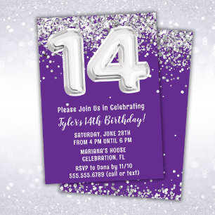 Invitation Fête d'anniversaire des 14 ans Purple Silver