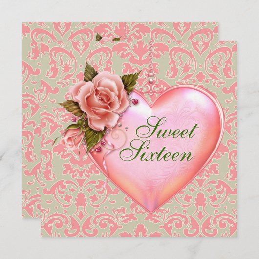 Invitation Fête d'anniversaire des 16 ans avec thème Cœur Ros (Devant / Derrière)