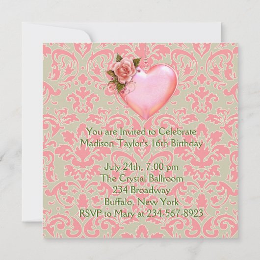 Invitation Fête d'anniversaire des 16 ans avec thème Cœur Ros (Dos)