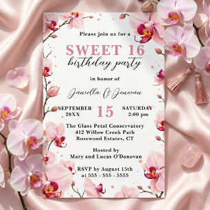 Invitation Fête d'anniversaire des 16 ans douce orchidée rose