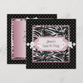 Invitation Fête d'anniversaire des 16 ans noir blanc rose zèb (Devant / Derrière)