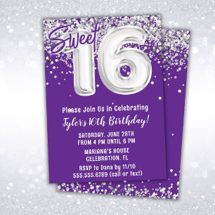 Invitation Fête d'anniversaire des 16 ans Purple Silver Sweet