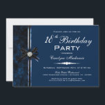Invitation Fête d'anniversaire des 18 ans en bleu marine<br><div class="desc">Une invitation moderne de fête d'anniversaire 18 ans noire et bleue présentant un nœud noir et bleu avec un embellissement de diamant sur le dessus du nœud. Présenté avec style en texte blanc. Les détails pertinents sont facilement échangés pour vos informations pour votre événement spécial.</div>