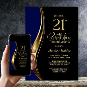Invitation Fête d'anniversaire des 21 ans Black Gold Blue
