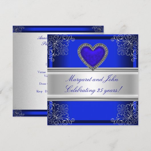 Invitation Fête d'anniversaire des 25 ans Blue Silver Floral (Devant / Derrière)