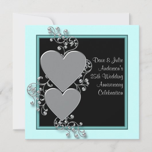 Invitation Fête d'anniversaire des 25 ans Silver Hearts Teal  (Devant)