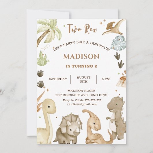 Invitation Fête d'anniversaire des 2 ans de Dinosaur Two Rex (Devant)