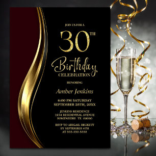 Invitation Fête d'anniversaire des 30 ans Black Gold Burgundy