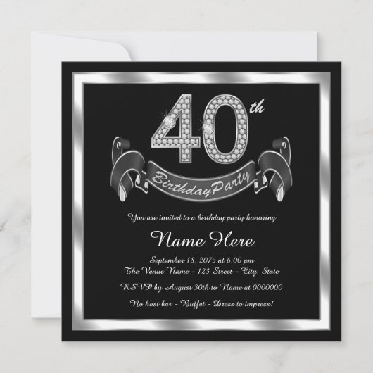 Invitation Fête d'anniversaire des 40 ans Noir Argent (Devant)