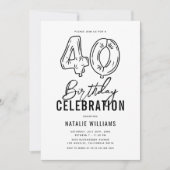 Invitation Fête d'anniversaire des 40 ans simple noir et blan (Devant)