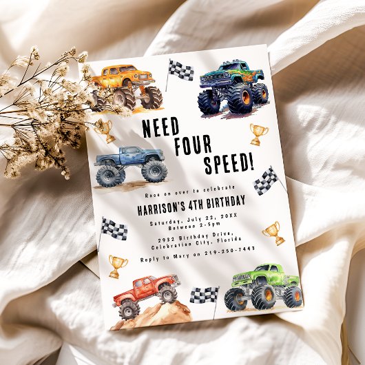 Invitation Fête d'anniversaire des 4 ans de Monster Trucks Be