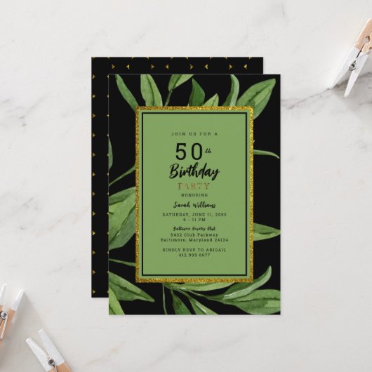 Invitation Fête d'anniversaire des 50 ans Black Glam (Devant/Arrière en situation)