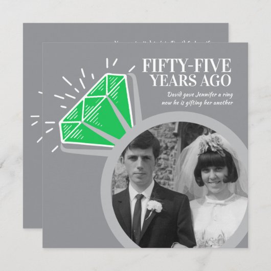 Invitation Fête d'anniversaire des 55 ans bague émeraude deux (Devant / Derrière)