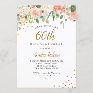 Invitation Fête d'anniversaire des 60 ans aux fleurs aquarell