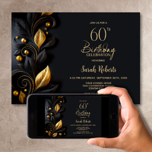Invitation Fête d'anniversaire des 60 ans Black and Gold Leav
