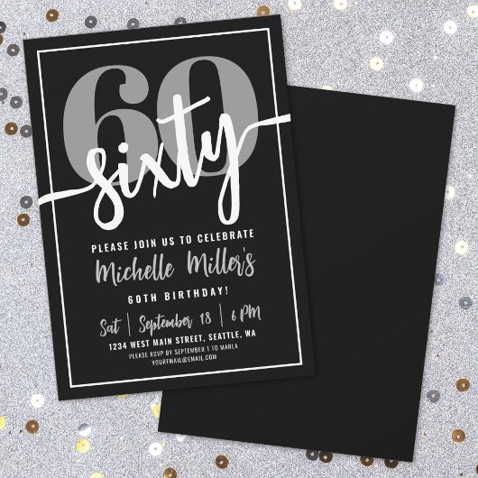 Invitation Fête d'anniversaire des 60 ans noir moderne