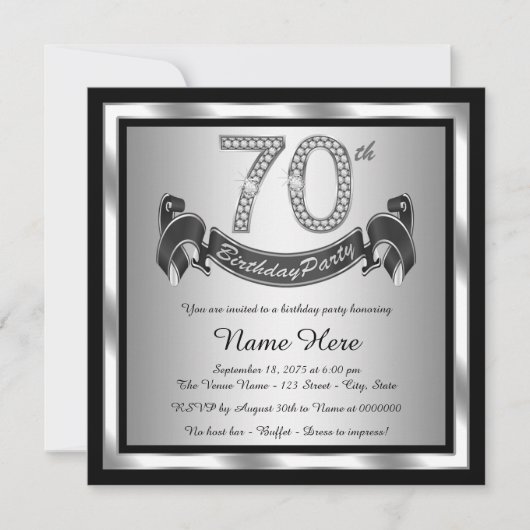 Invitation Fête d'anniversaire des 70 ans argentée (Devant)