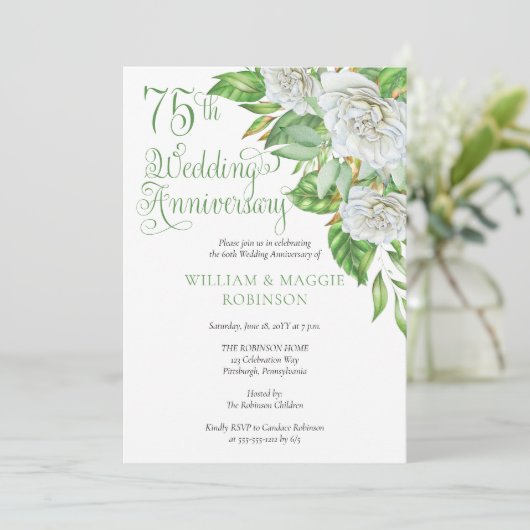 Invitation Fête d'anniversaire des 75 ans de mariage Roses bl (Debout devant)