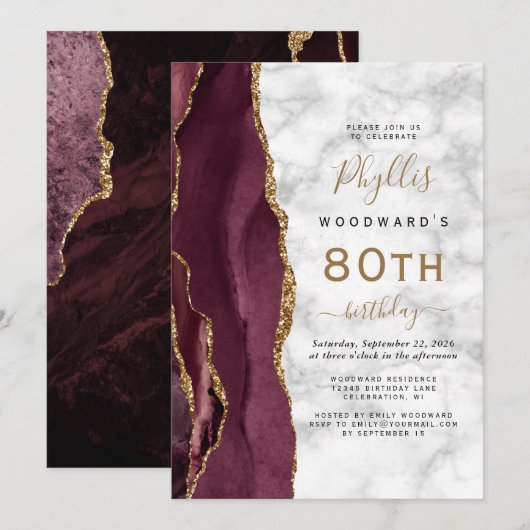 Invitation Fête d'anniversaire des 80 ans avec Marbre d'agate (Devant / Derrière)