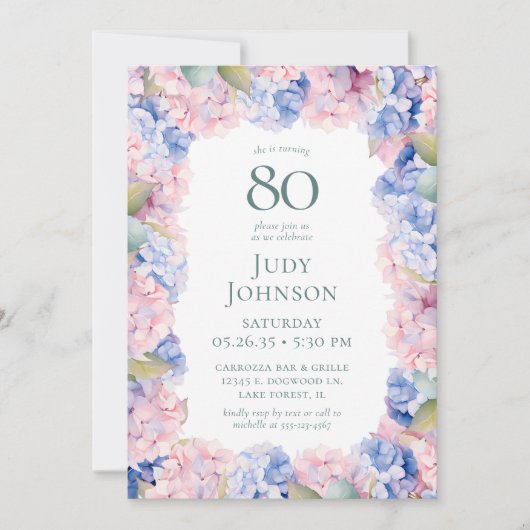 Invitation Fête d'anniversaire des 80 ans d'Hortensias (Devant)