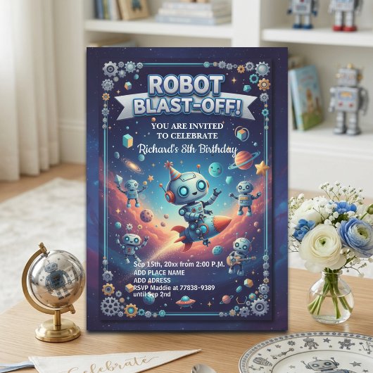 Invitation Fête d'anniversaire des 8 ans Robots dans l'espace