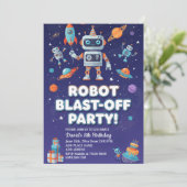 Invitation Fête d'anniversaire des 8 ans Robots dans l'espace (Debout devant)