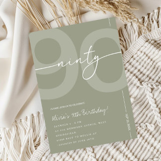 Invitation Fête d'anniversaire des 90 ans Élégante Vert Sauge