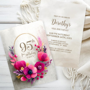 Invitation Fête d'anniversaire des 95 ans aux fleurs roses