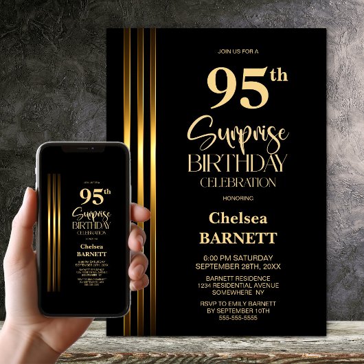 Invitation Fête d'anniversaire des 95 ans Black Striped Gold