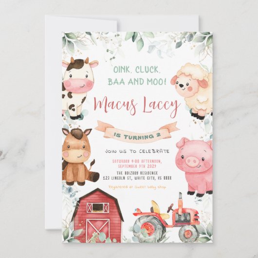 Invitation Fête d'anniversaire des animaux de ferme (Devant)