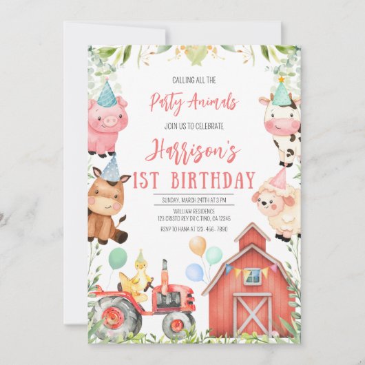Invitation Fête d'anniversaire des animaux de ferme (Devant)