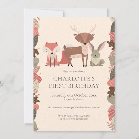 Invitation Fête d'anniversaire des animaux de la forêt (Devant)