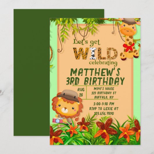Invitation Fête d'anniversaire des animaux Safari Wild (Devant / Derrière)