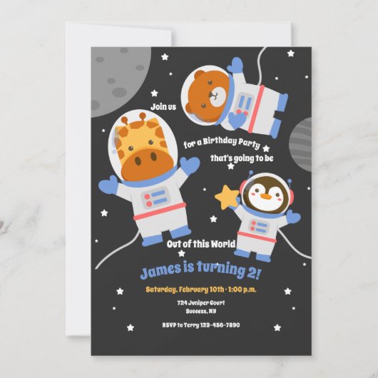 Invitation Fête d'anniversaire des animaux spatiaux (Devant)