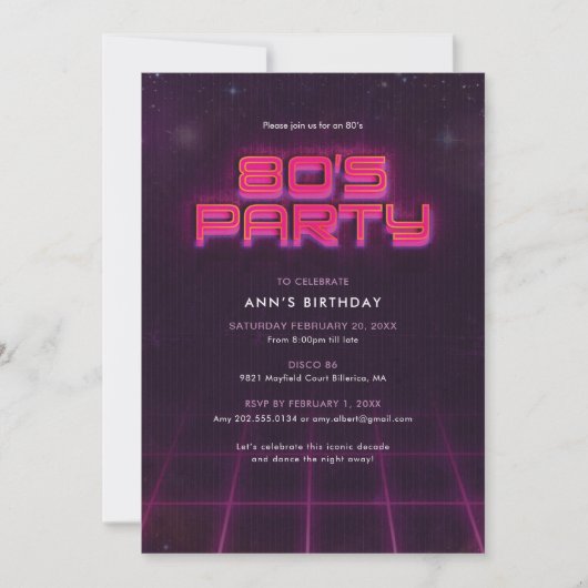 Invitation fête d'anniversaire des années 80 (Devant)