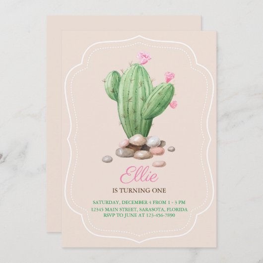 Invitation Fête d'anniversaire des Cactus beiges à la crème m (Devant / Derrière)