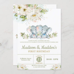 Invitation Fête d'anniversaire des Eléphants Twins Boy Girl