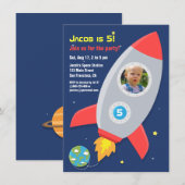 Invitation Fête d'anniversaire des enfants avec fusée spatial (Devant / Derrière)