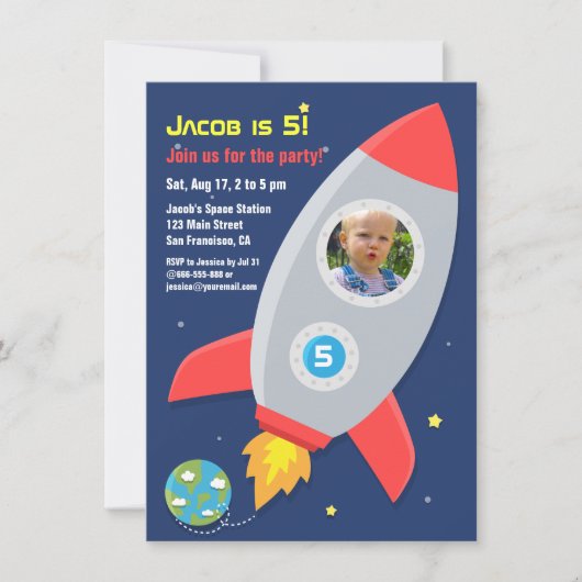 Invitation Fête d'anniversaire des enfants avec fusée spatial (Devant)