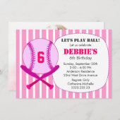 Invitation Fête d'anniversaire des enfants de baseball rose (Devant / Derrière)