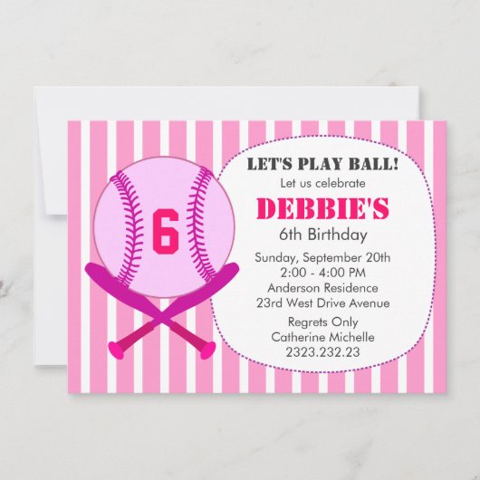 Invitation Fête d'anniversaire des enfants de baseball rose (Devant)