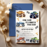 Invitation Fête d'anniversaire des Enfants Monster Trucks<br><div class="desc">Attention à tous les petits fêtards ! Préparez-vous à réveiller le plaisir avec notre 'BOOM, CLASH ITS A MONSTER TRUCK BASH' Birthday Kids Monster Car Trucks Invitation. Orné d'adorables et vibrants camions monstres, ce script de typographie moderne vous invitations à vous joindre à la célébration. Roulons dans la troisième année...</div>