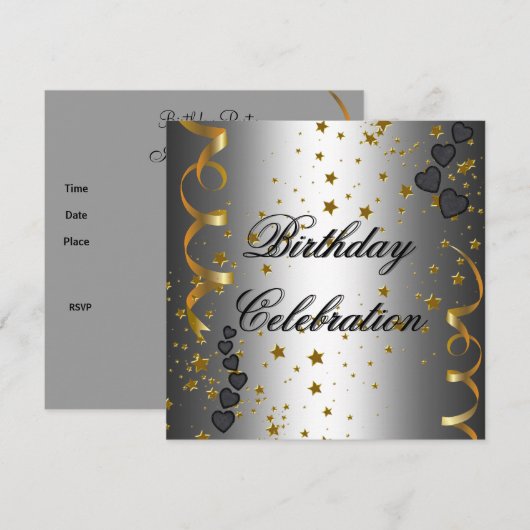 Invitation Fête d'anniversaire des étoiles d'or noir argent (Devant / Derrière)