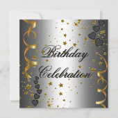 Invitation Fête d'anniversaire des étoiles d'or noir argent (Devant)