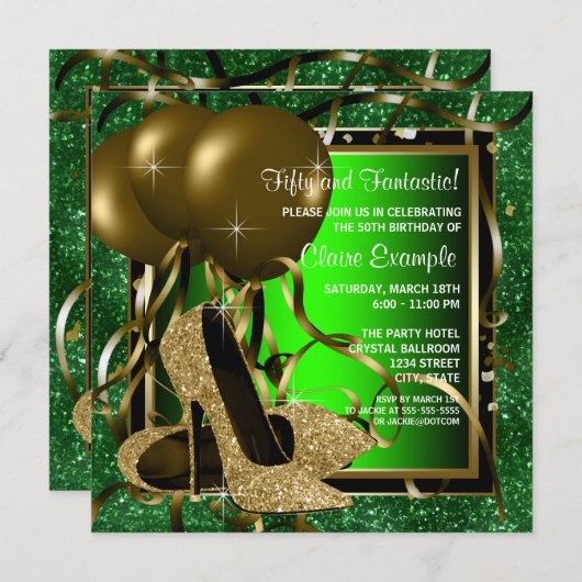 Invitation Fête d'anniversaire des femmes à talons hauts vert (Devant / Derrière)