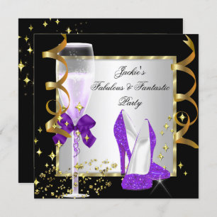 Invitation Fête d'anniversaire des femmes d'argent noir viole